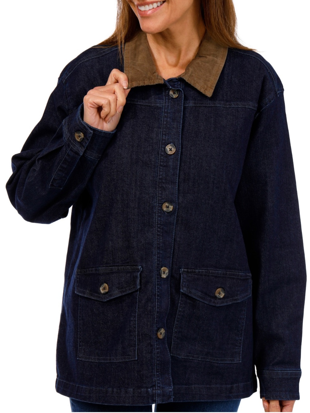 NWT Bunulu Women's Dark Blue Denim Jacket with Brown Collar Size S